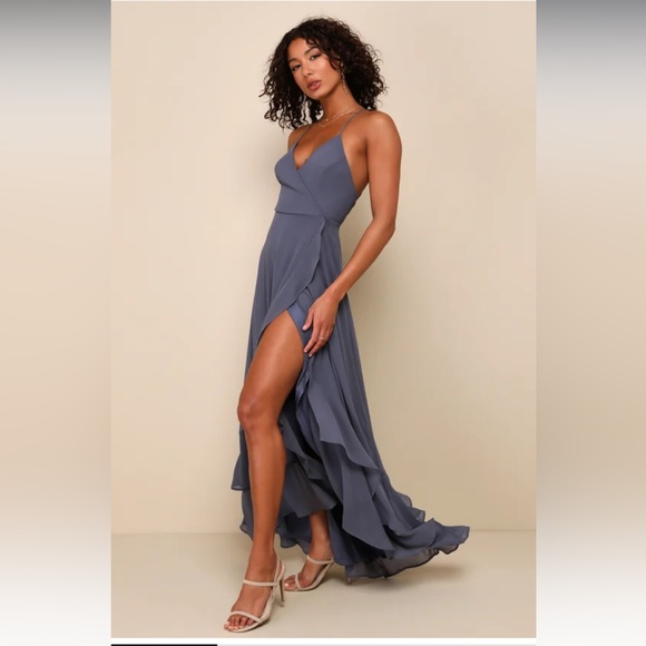 Lulus In Love Forever Granite Blue Lace-Up High-Low Maxi Dress Size XS - Picture 1 of 4